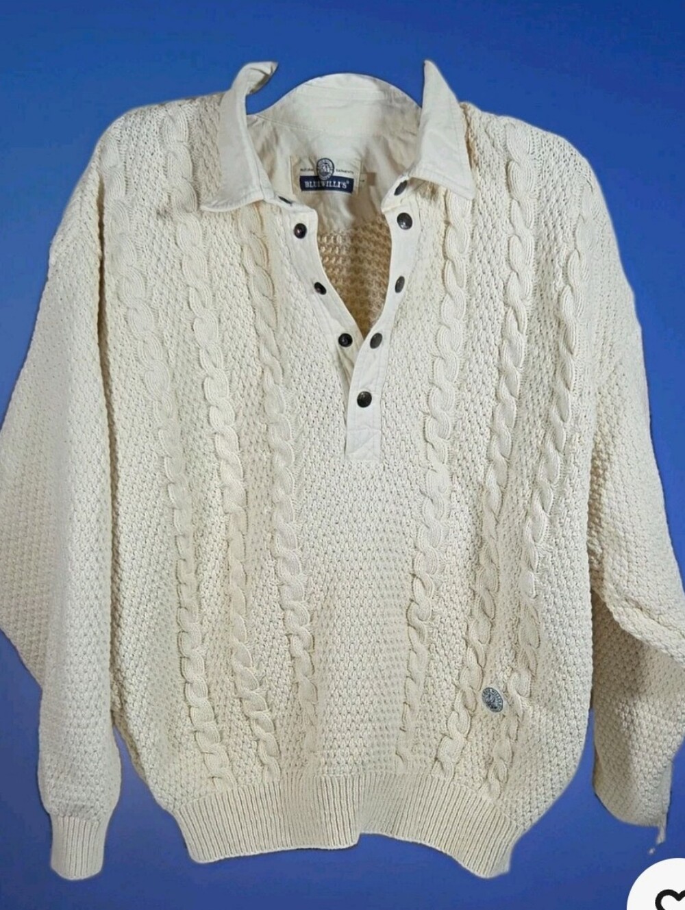 Blue Willi's Cream Cable-Knit V-Neck Polo Sweater with Button Placket Old Money